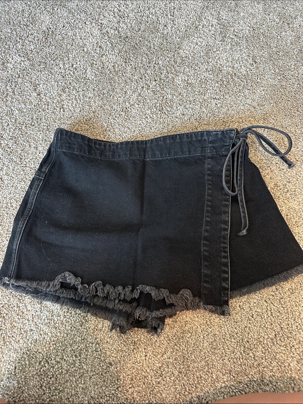 Black Wrap Denim Skort with Frayed Hem